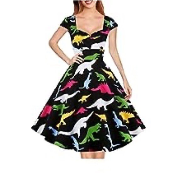 Hanpceirs Dinosaur Print Retro Vintage Cocktail Swing Dress with Pockets - Picture 1 of 10